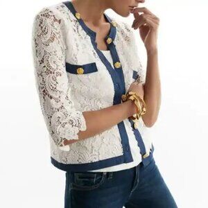 EUC Michael Simon 3/4-Sleeve Denim Trimmed Crochet Cardigan w/ Gold Rose Buttons